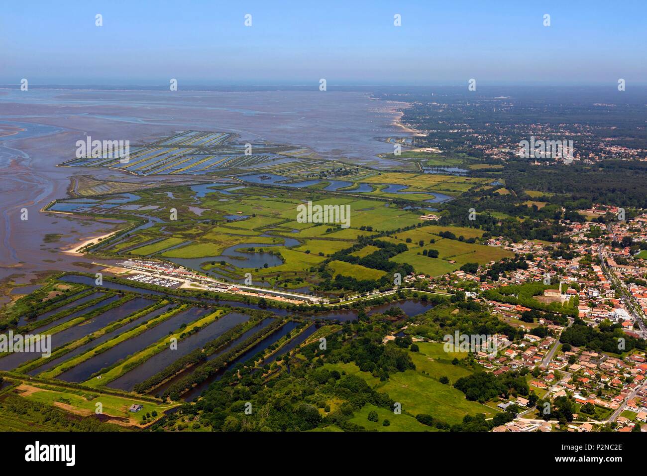 France, Gironde, Bassin d'Arcachon, Audenge, domain of Certes and Graveyron, Audenge and its port seen (aerial view) Stock Photo