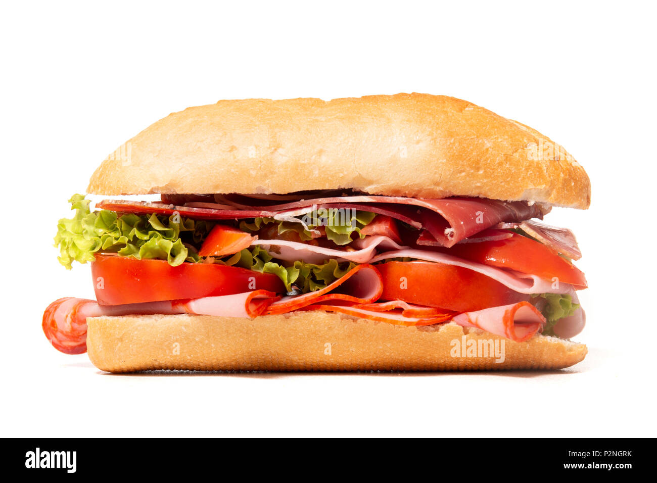 sandwich with paio sausage and ham over a white background. Stock Photo