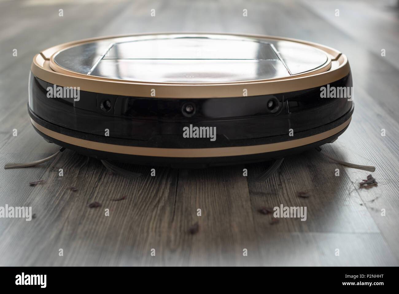 robotic vacuum cleaner on laminate wood floor Stock Photo Alamy