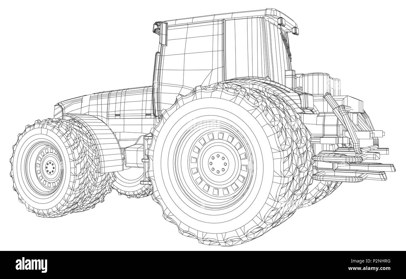 Wireframe tractor isolated on white background. Tracing illustration