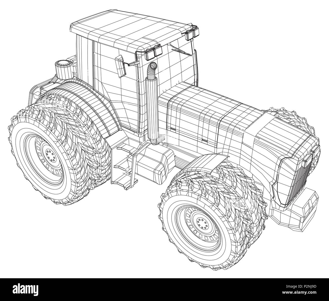 Wireframe tractor isolated on white background. Tracing illustration