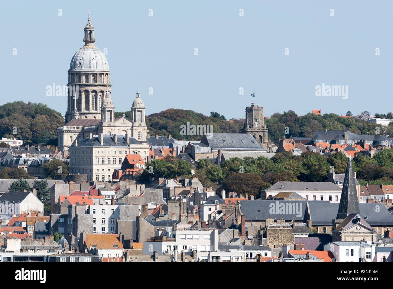 France, Pas de Calais, Boulogne sur Mer, the city and the Our Lady of the Immaculate Conception Basilica built between 1827 and 1866 and the old dungeon erected in the 12th century listed as world heritage of humanity by UNESCO Stock Photo