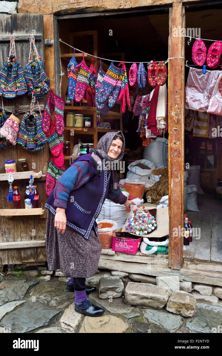 Azerbaijan, Ismailli region, Lahij (Lahic), shop selling traditional woolen slippers Stock Photo