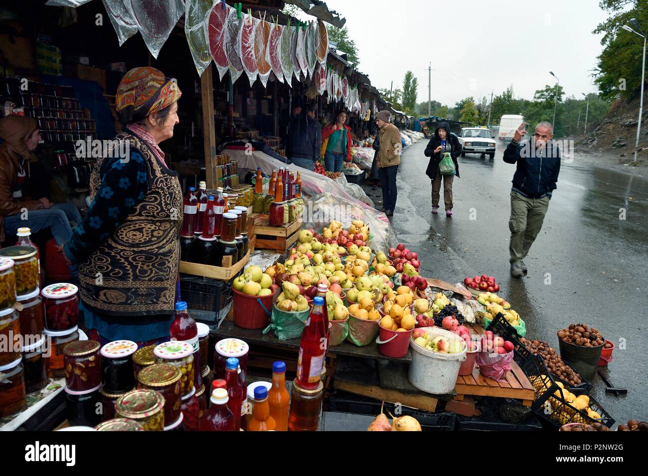 Azerbaijan, Shamakhi region, Qabala, market with buckets of fruits and vegetables, Issa Smatti Stock Photo