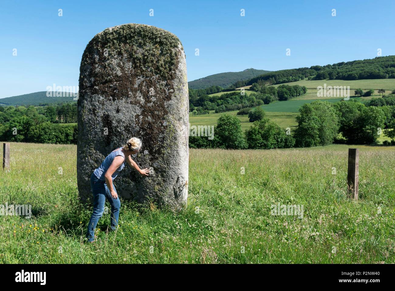 France, Tarn, Lacaune les Bains, Monts de Lacaune, megalithic standing stone, summit of the Virgin of Montalet Stock Photo