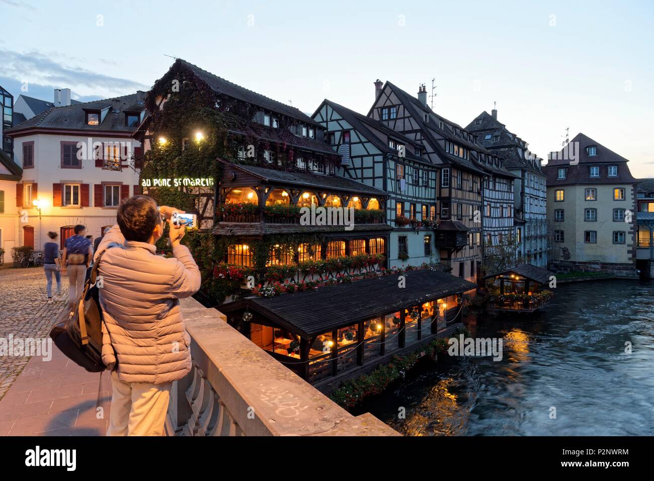 France, Bas Rhin, Strasbourg, old town listed as World Heritage by UNESCO, the Petite France District with the Au Pont Saint Martin restaurant Stock Photo
