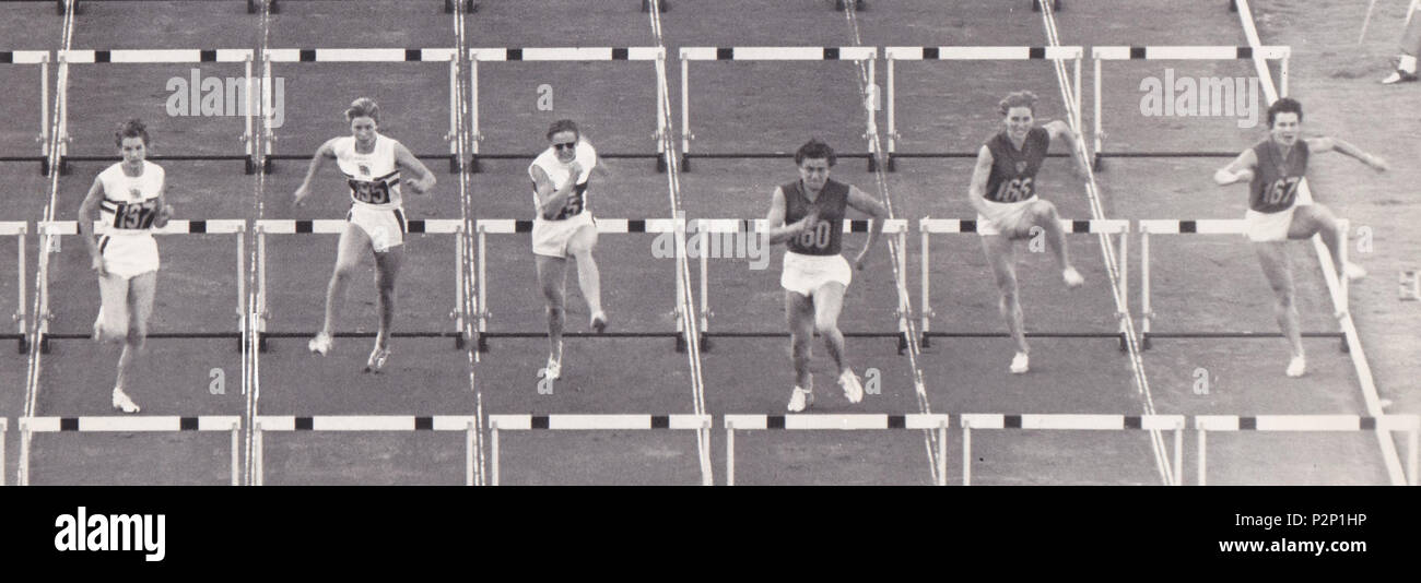 . Women's 80 m hurdles final at the 1960 Olympics. Left-right: Carole Quinton, Mary Rand, Gisela Birkemeyer, Irina Press, Galina Bystrova/Rimma Koshelyova . 1 September 1960. Unknown 3 80 metres hurdles final 1960 Olympics Stock Photo