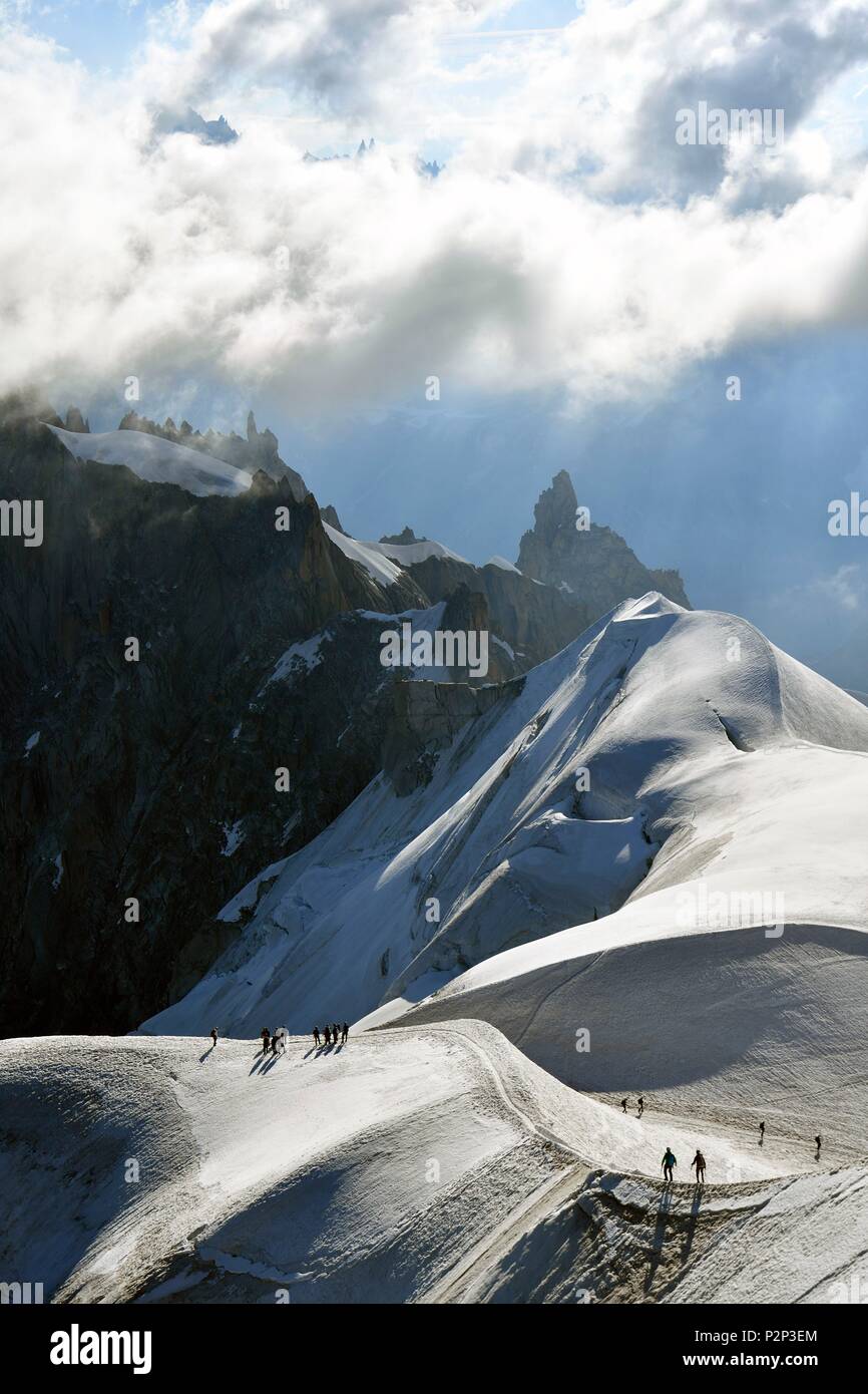 France, Haute Savoie, Chamonix Mont Blanc, alpinists on the ridge of the aiguille du Midi (3848m), Mont-Blanc range, descent of the Vallée Blanche Stock Photo