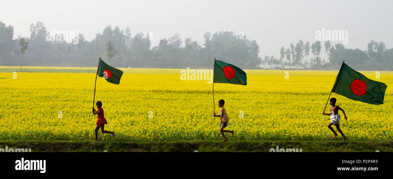 Bangladeshi rural children run with Bangladeshi national flag through a