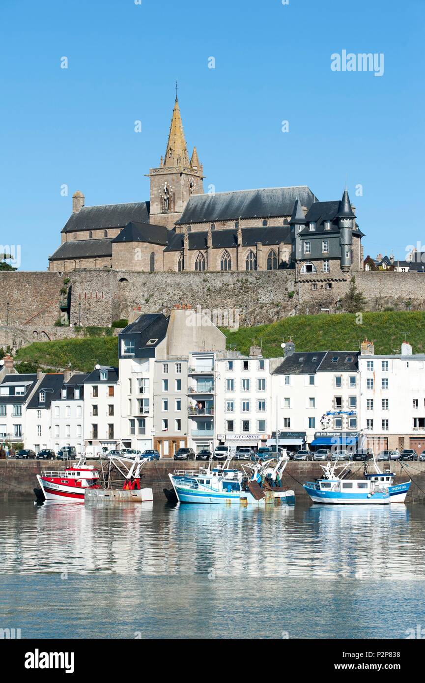 France, Manche, Granville, high city, fishing port and Notre Dame du Cap Lihou church Stock Photo
