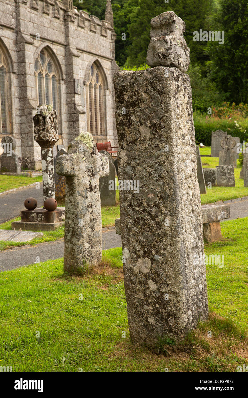 UK, Cornwall, Bodmin Moor, St Neot, St Neot’s Churchyard, three ancient crosses Stock Photo
