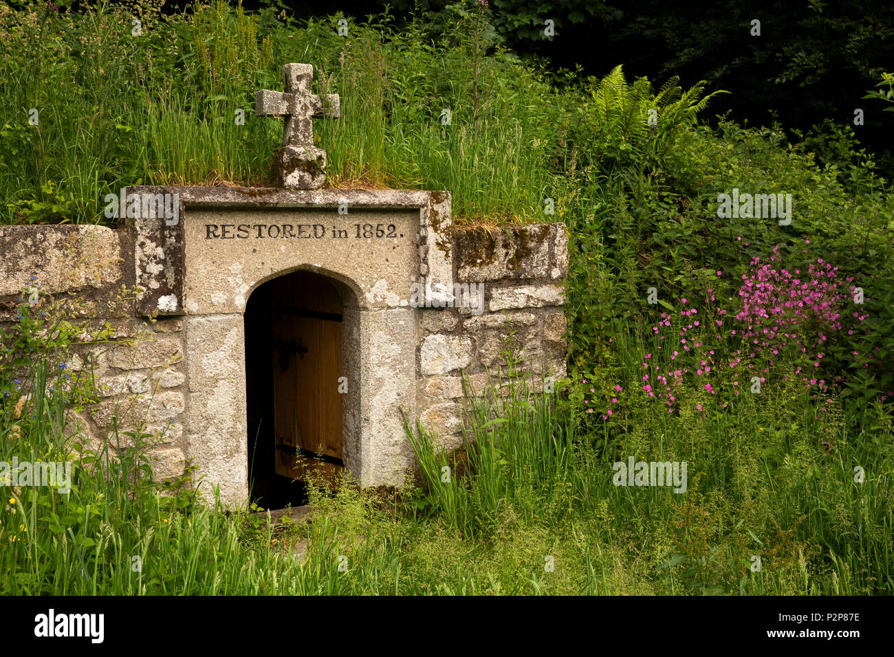 UK, Cornwall, Bodmin Moor, St Neot, Saint Neot’s Holy Well in field beside River Loveny Stock Photo