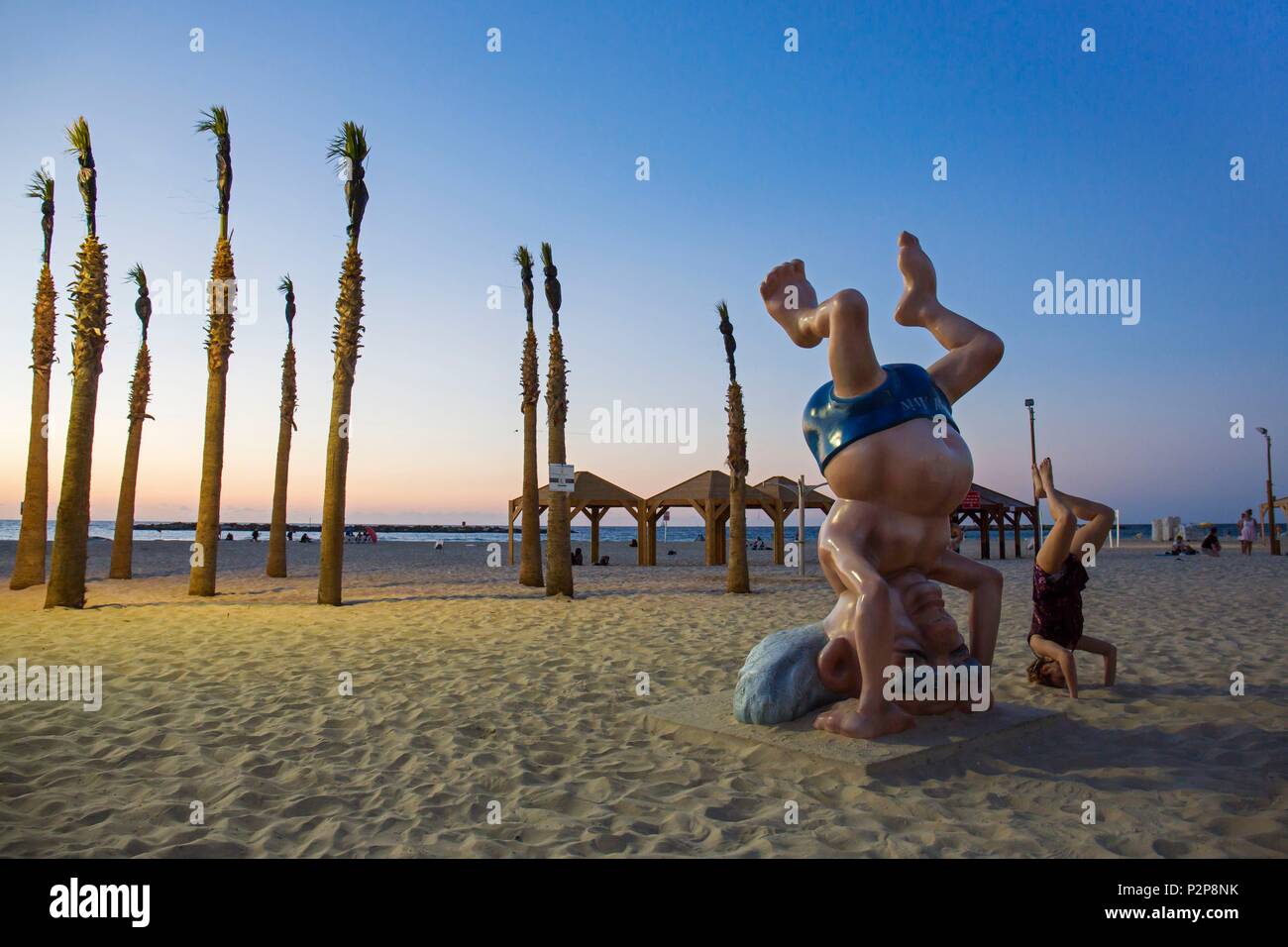 Israel, Tel Aviv, the seaside, the beach, the famous statue of the founder of the State of Israel David Ben Gurion to encourage tourists to visit the museum dedicated to him, the former Prime Minister doing a headstand reproducing a famous photo Stock Photo