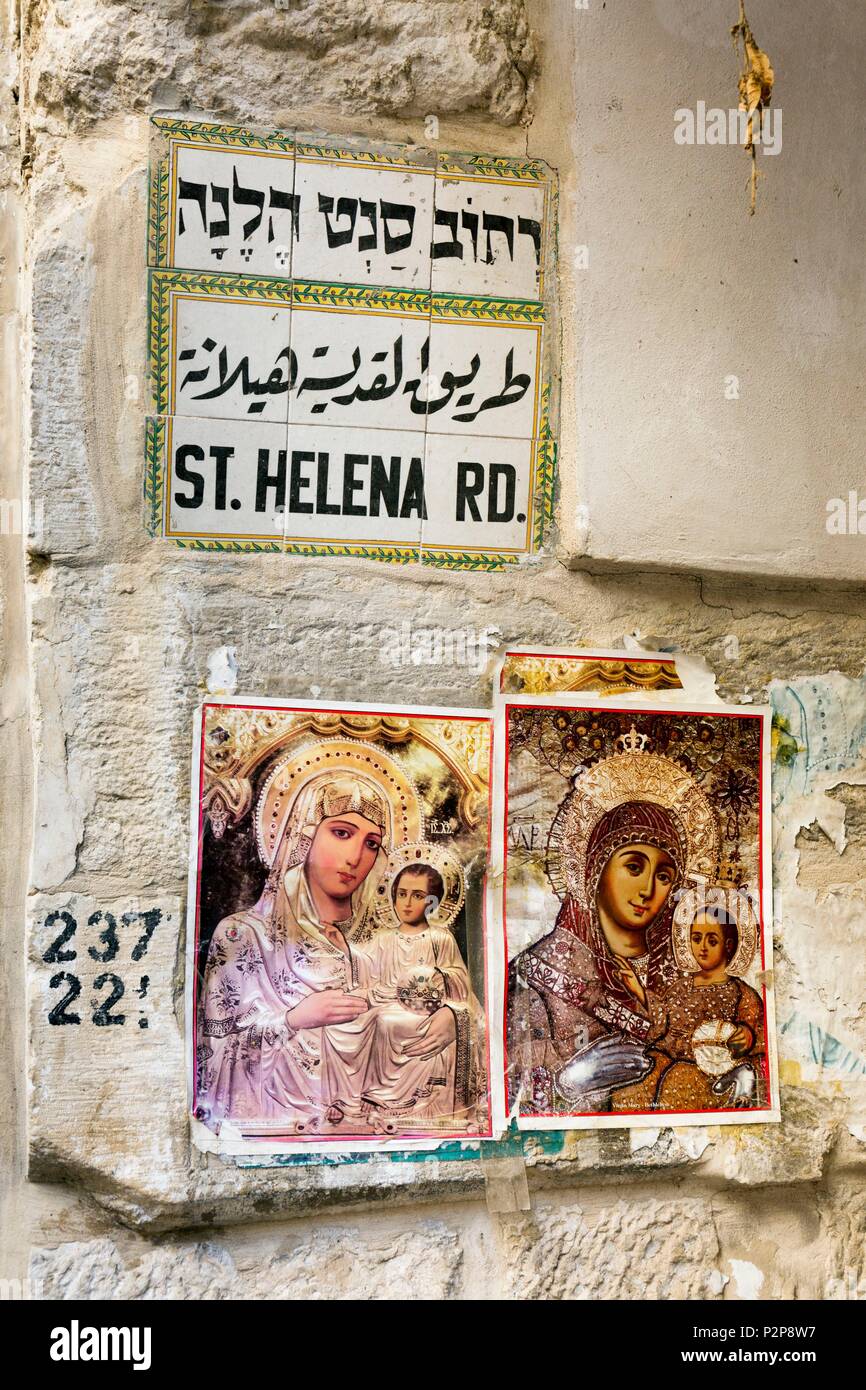Israel, Jerusalem, UNESCO World Heritage Old Town, Christian District, Street Sign and Religious Representation Stock Photo