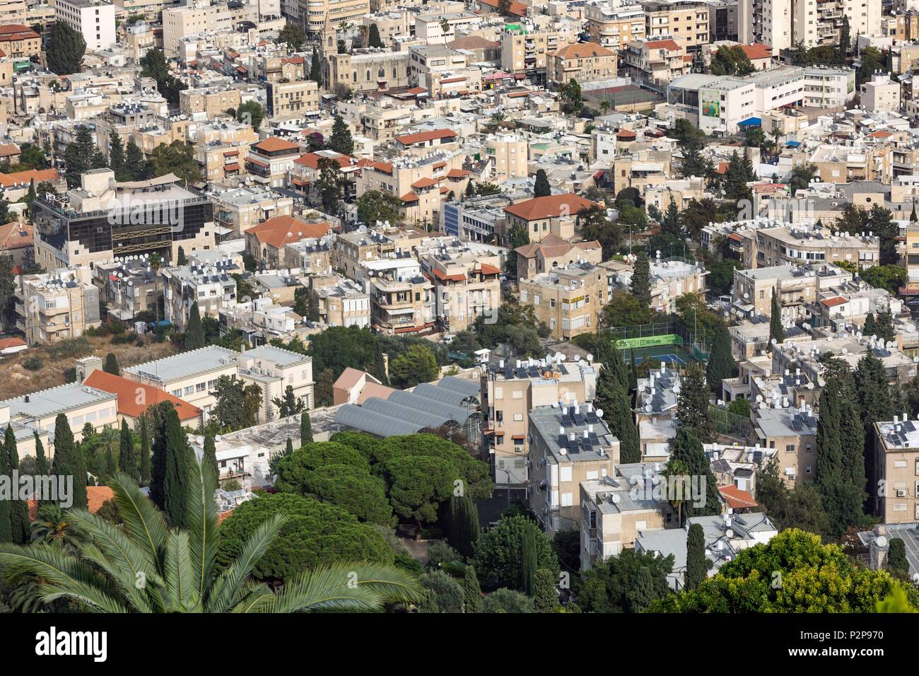 Israel, Haifa, Baha'i Terraces of the Baha'i World Center, also known as Hanging Gardens of Haifa, built around the Báb Mausoleum on Mount Carmel, one of the eight new wonders of the world, a World Heritage Site of UNESCO, city view Stock Photo