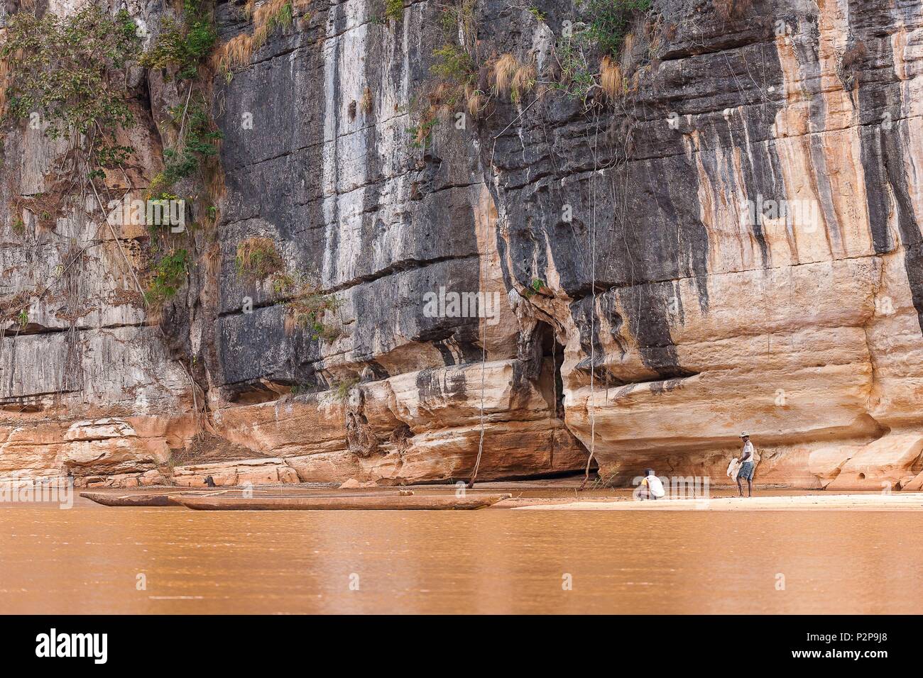 Madagascar, North West region, Tsingy de Bemaraha Strict Nature Reserve park, listed as World Heritage by UNESCO, canoe on the Manambolo River Stock Photo