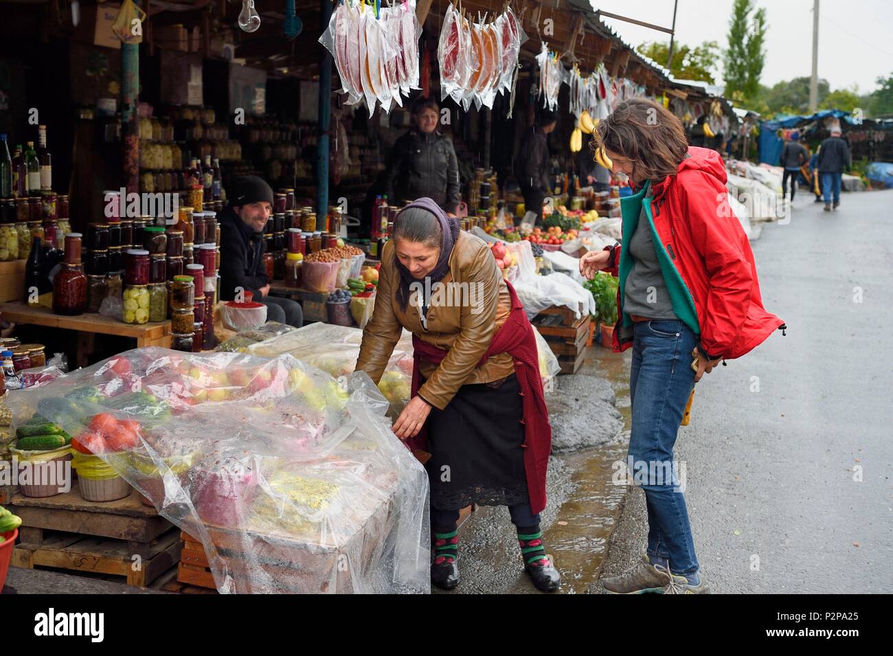 Azerbaijan, Shamakhi region, Qabala, market with buckets of fruits and vegetables, Anne-Laure Murier Stock Photo