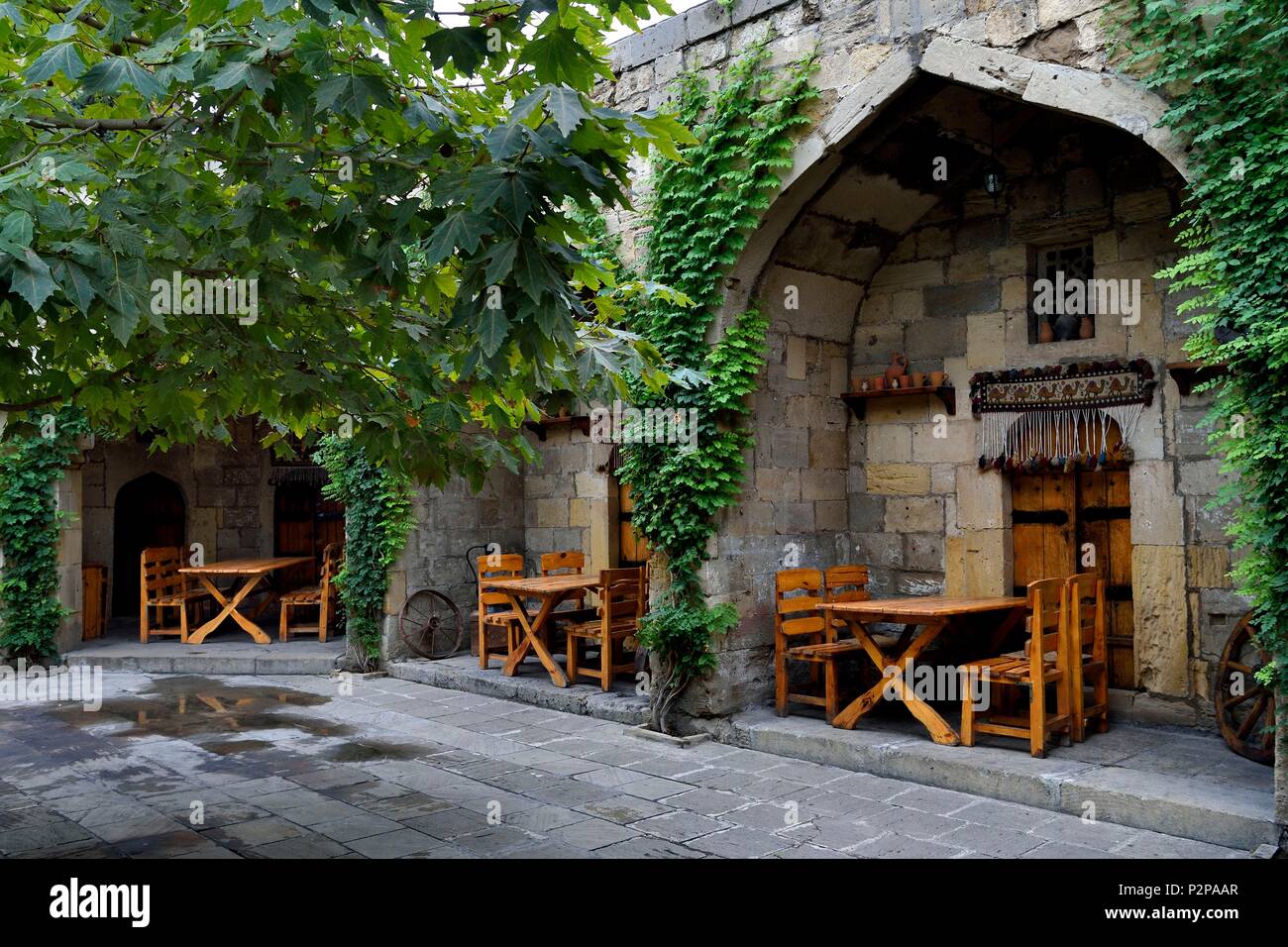 Azerbaijan, Baku, Old City, listed as World heritage by UNESCO, Karvansara restaurant, former 15th century caravanserai converted into a restaurant Stock Photo
