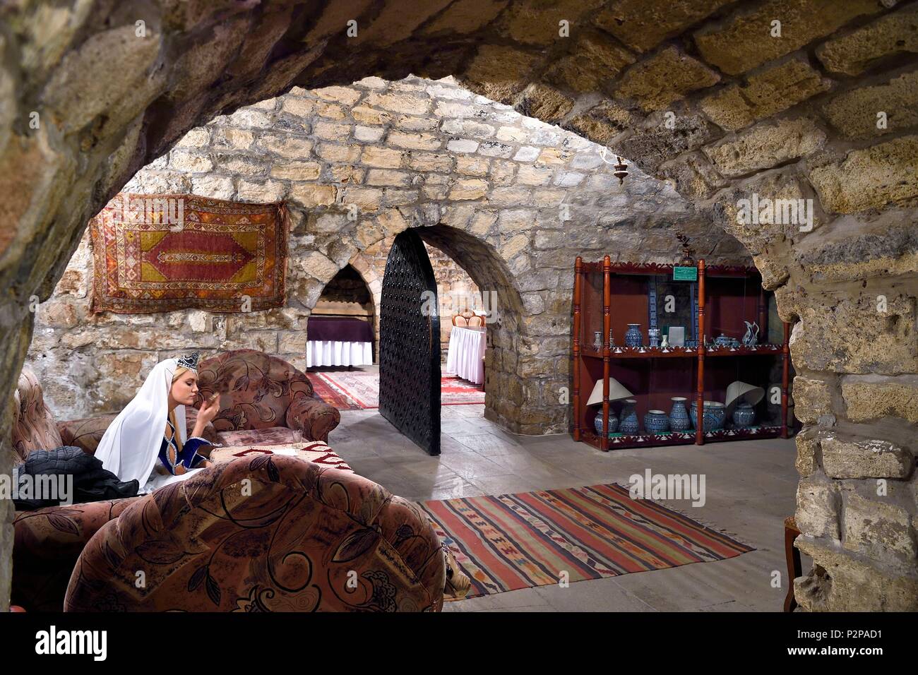 Azerbaijan, Baku, Old City, listed as World heritage by UNESCO, Karvansara restaurant, former 15th century caravanserai converted into a restaurant Stock Photo