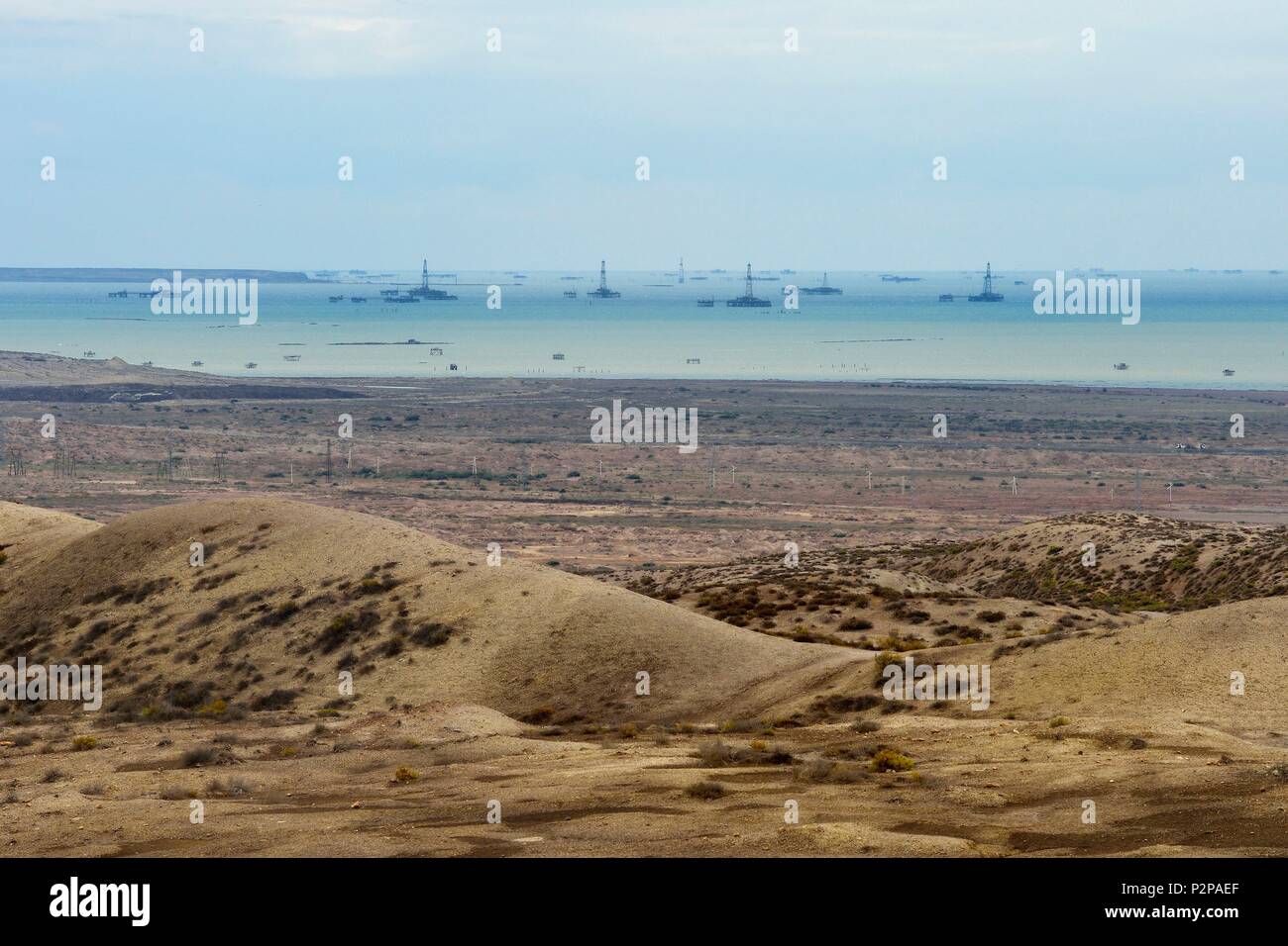 Azerbaijan, Baku Bay, Gobustan, offshore oil rigs in the Caspian Sea Stock Photo