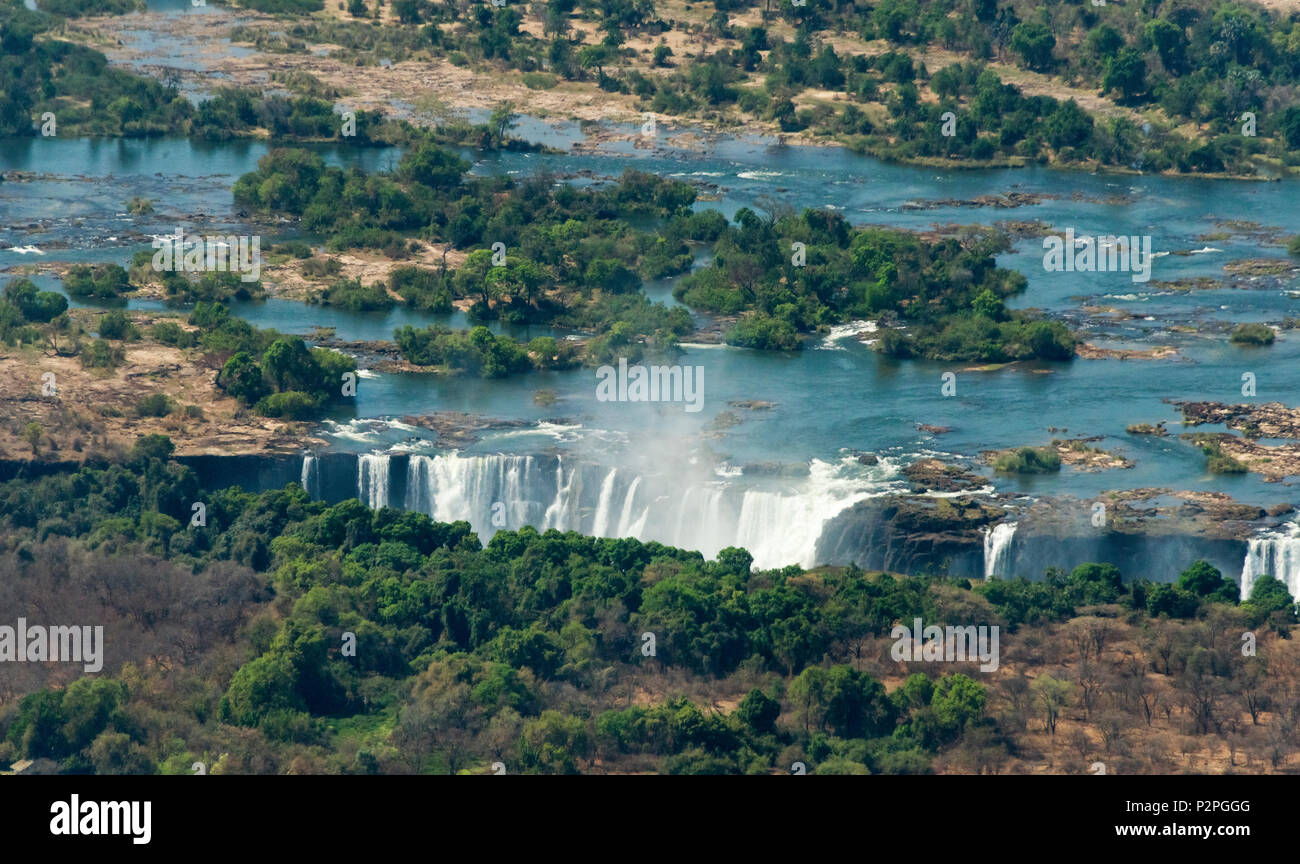 Aerial view of Zambezi river pouring into Victoria Falls, Zimbabwe Stock Photo
