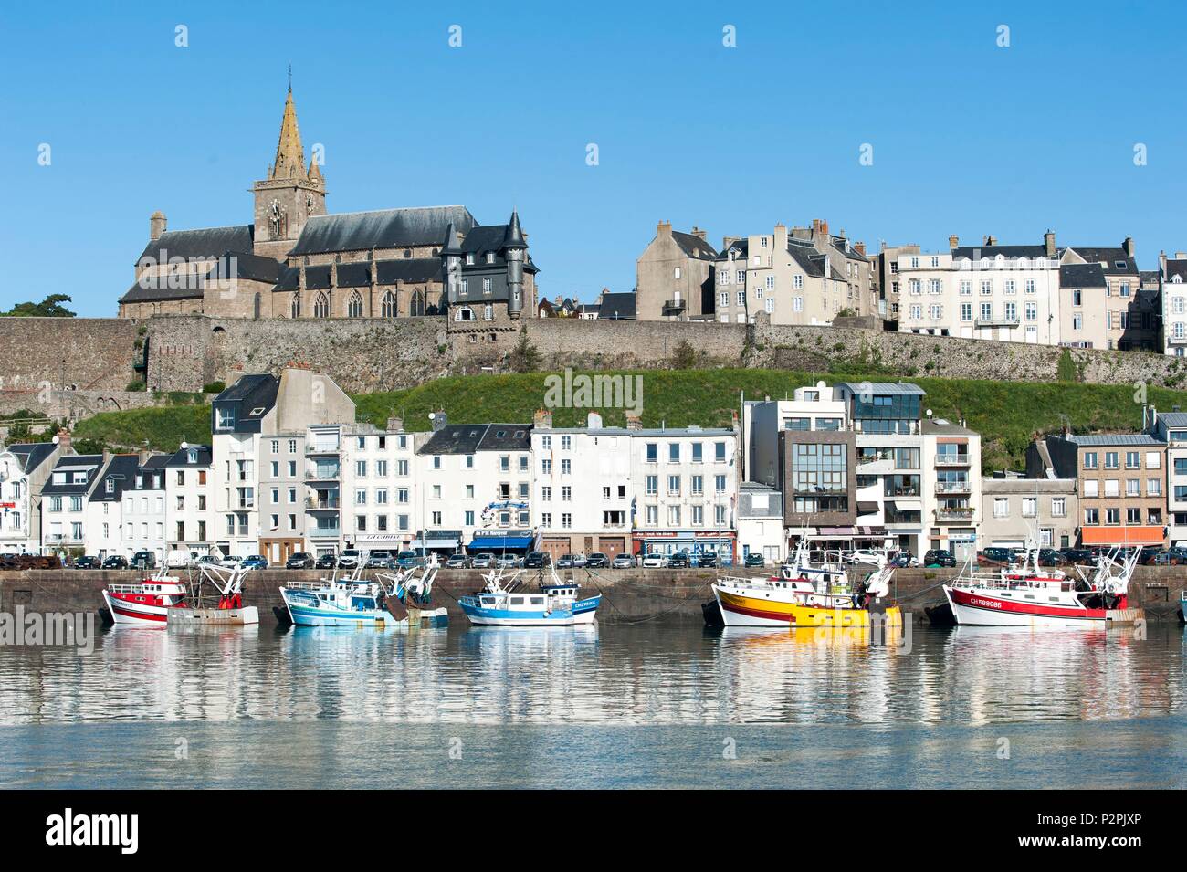 France, Manche, Granville, Upper Town, fishing port and Notre Dame du Cap Lihou church Stock Photo