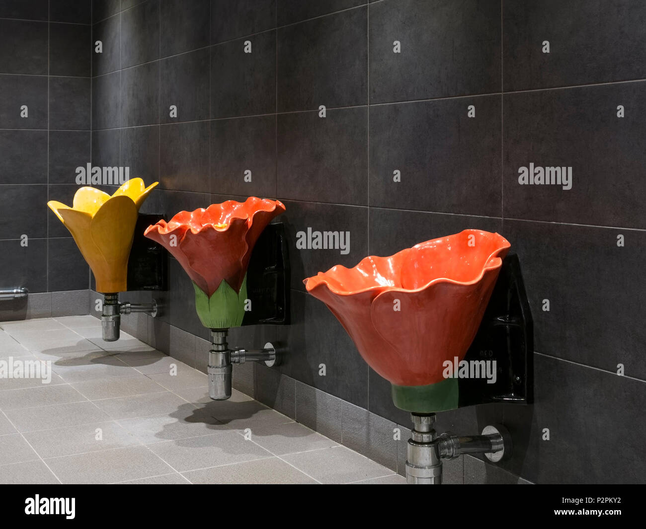Row of three novelty flower shaped floral gents toilet urinals, UK Stock Photo