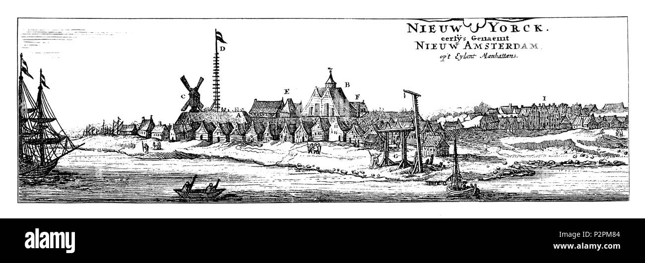 Neuamsterdam (later New York) in the mid-17th century. After a contemporary engraving. A. New Fort. B. Church. C. windmill. D. flag that was hoisted upon arrival of ships. E. prison. F. Royal General House. G. court. H. kitchen. I. Packhäuser the Company. K. city hostel;New Amsterdam (later New York) around the middle of the 17th century. After a contemporary engraving. A. New Fort. B. Church. C. Windmill. D. Flag that was hoisted when ships arrived. E. Prison. F. Royal General's House. G. court. H. kitchen. I. Packages of the company. K. city hostel, Stock Photo