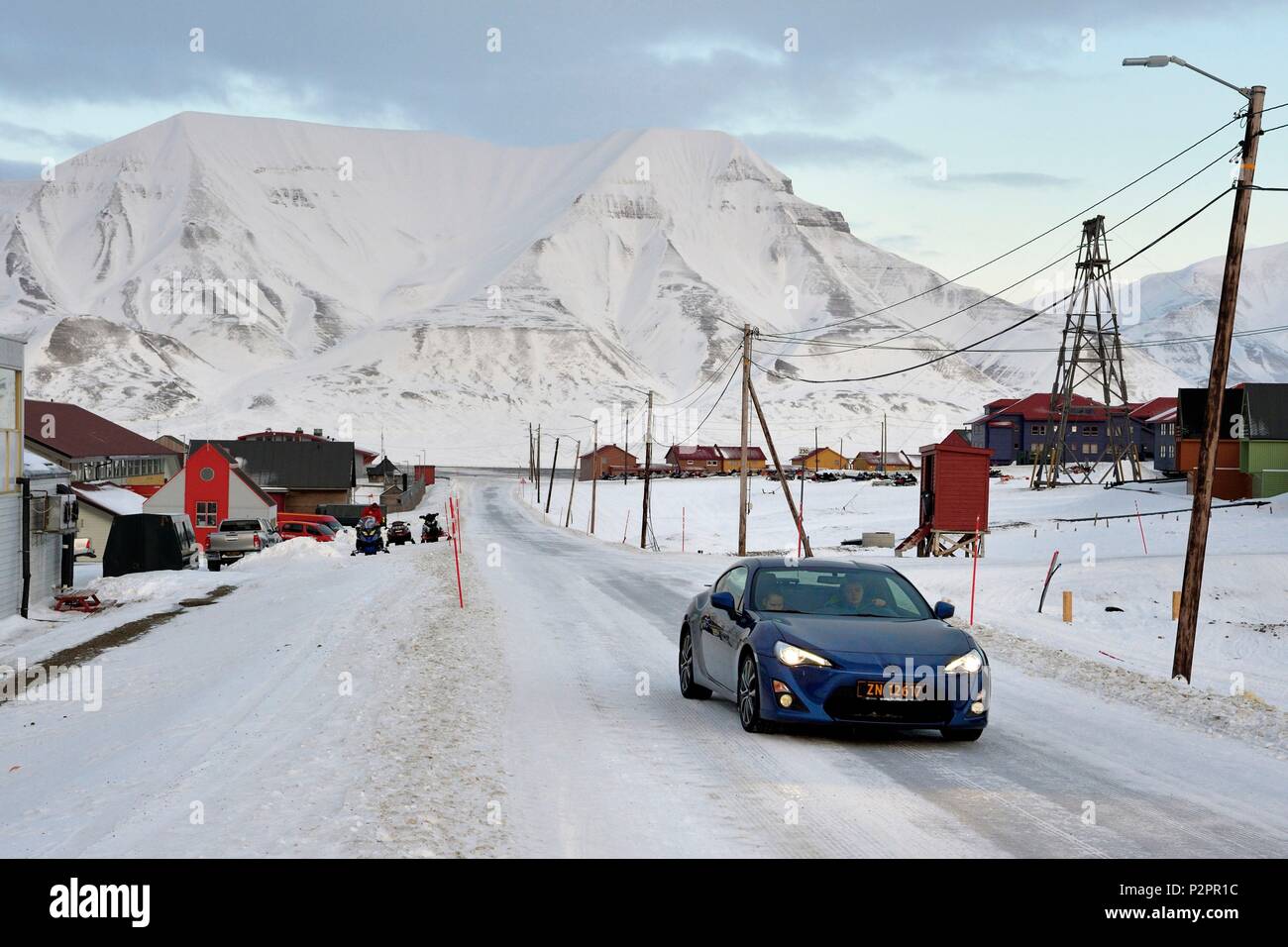 Norway, Svalbard, Spitzbergen, Longyearbyen, sports car on a road network of less than 46 km Stock Photo