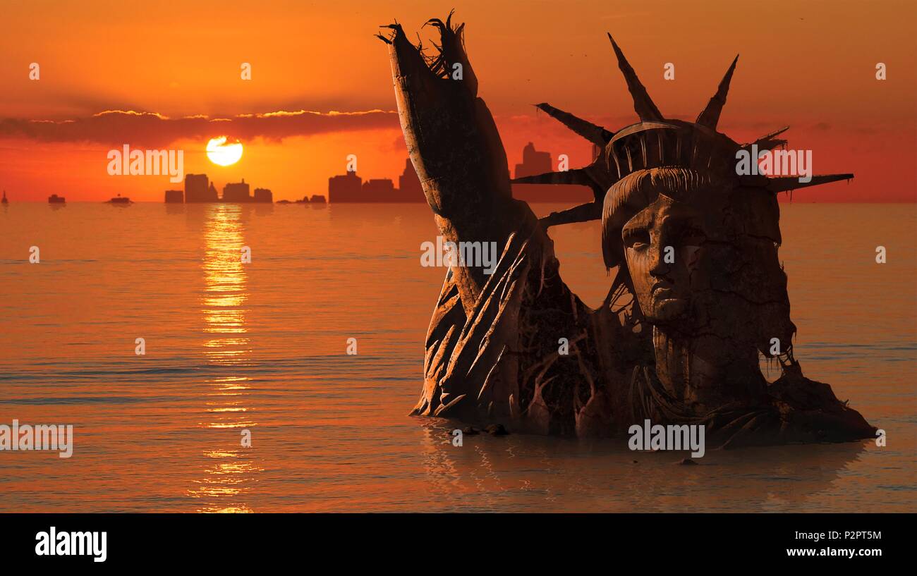 Global warming, conceptual computer illustration. Statue of Liberty, New York, USA, flooded and in ruins, in a possible future. This is showing a rise in sea levels due to global warming. Global warming is the increase of average temperature of the Earth's atmosphere and oceans. The melting of ice and glaciers contribute to the rise in sea levels. Stock Photo