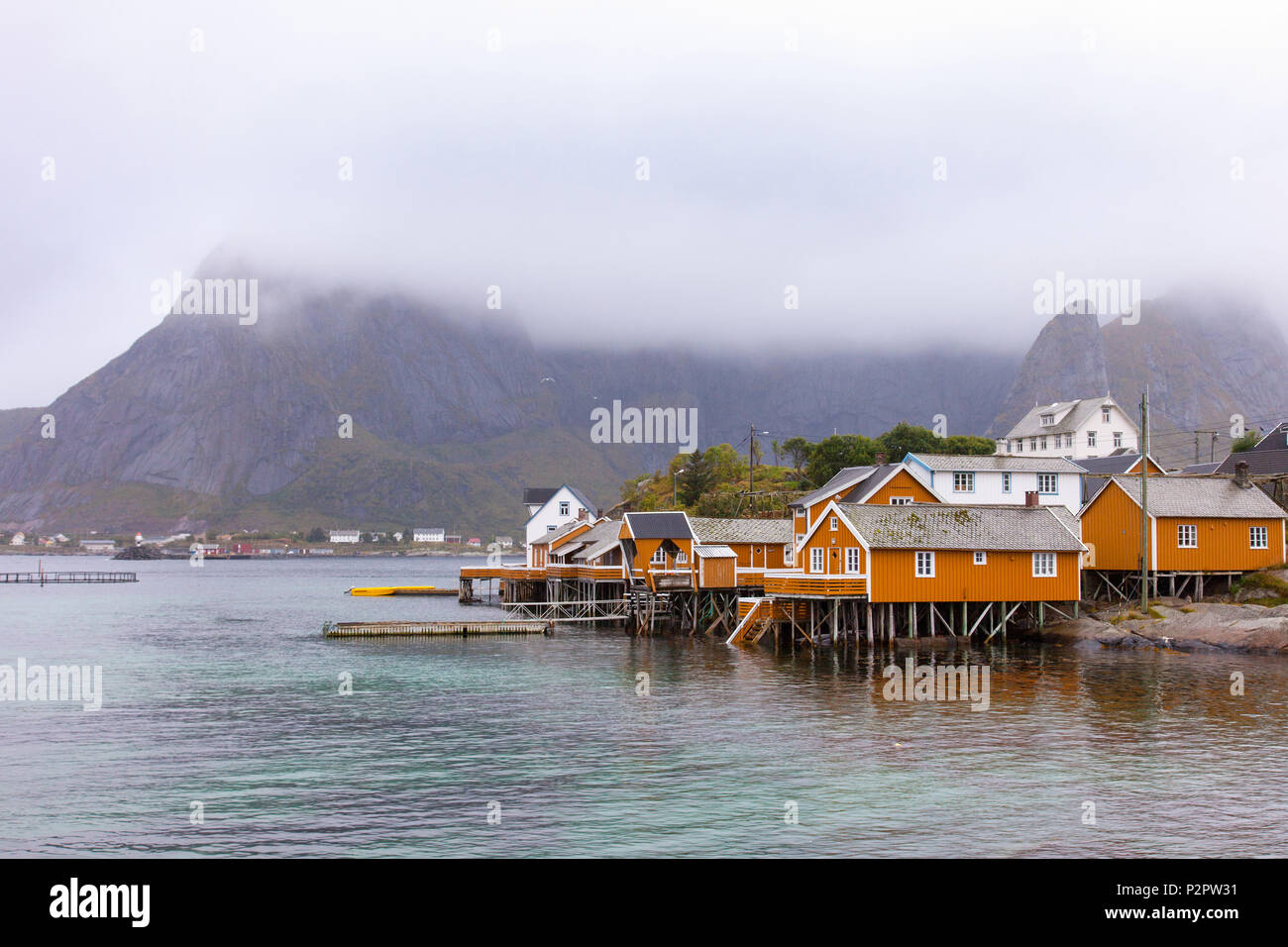 Port, Bay, Reine, Fjord, Moskenesoya, Lofoten, Norway, Europe Stock Photo