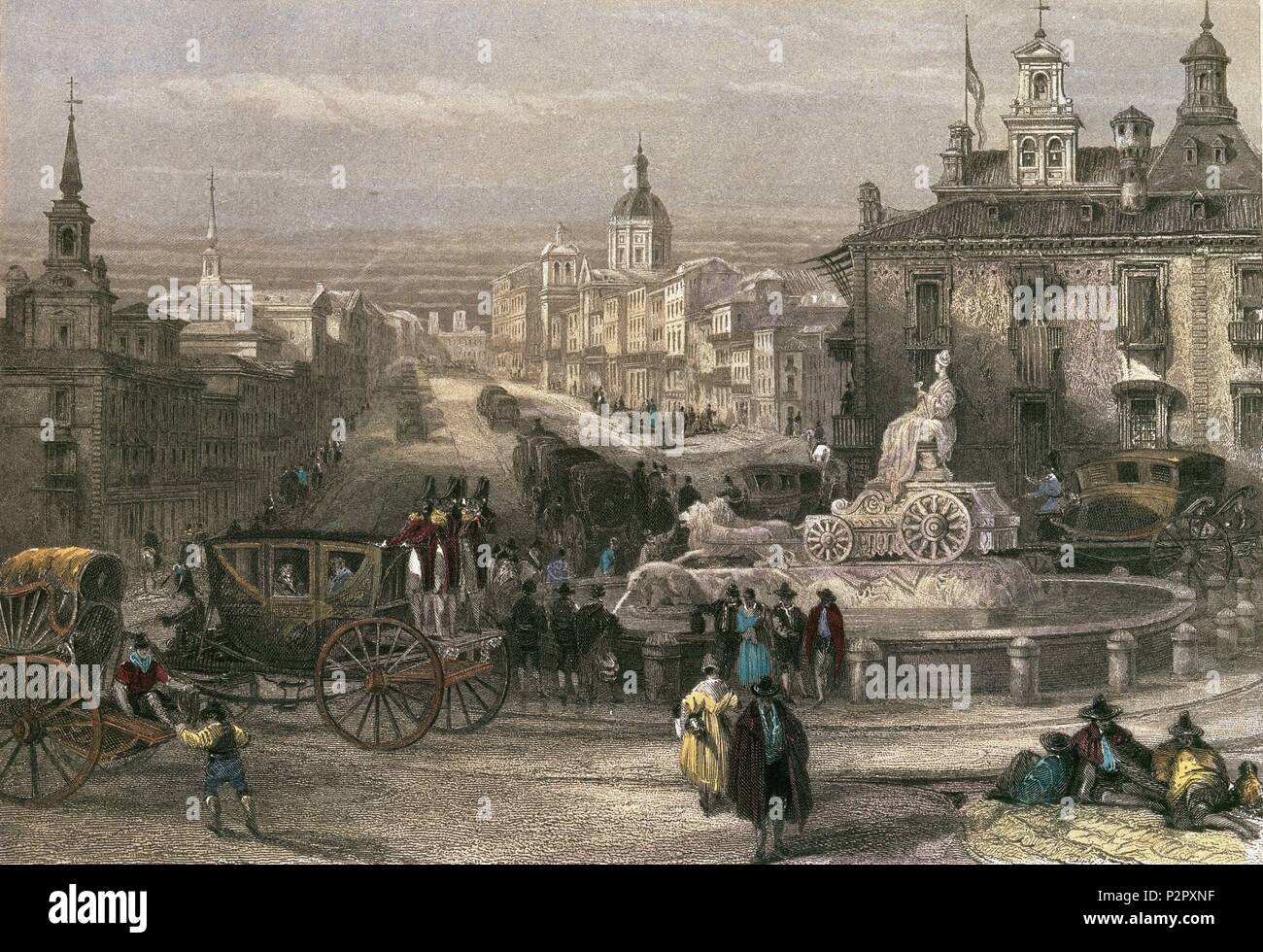 MADRID-LA CIBELES Y CALLE ALCALA-GRABADO S XIX  POR JT WILMORE- ROMANTICISMO. Author: David Roberts (1796-1864). Location: MUSEO DE HISTORIA-GRABADOS COLOREADOS, SPAIN. Stock Photo