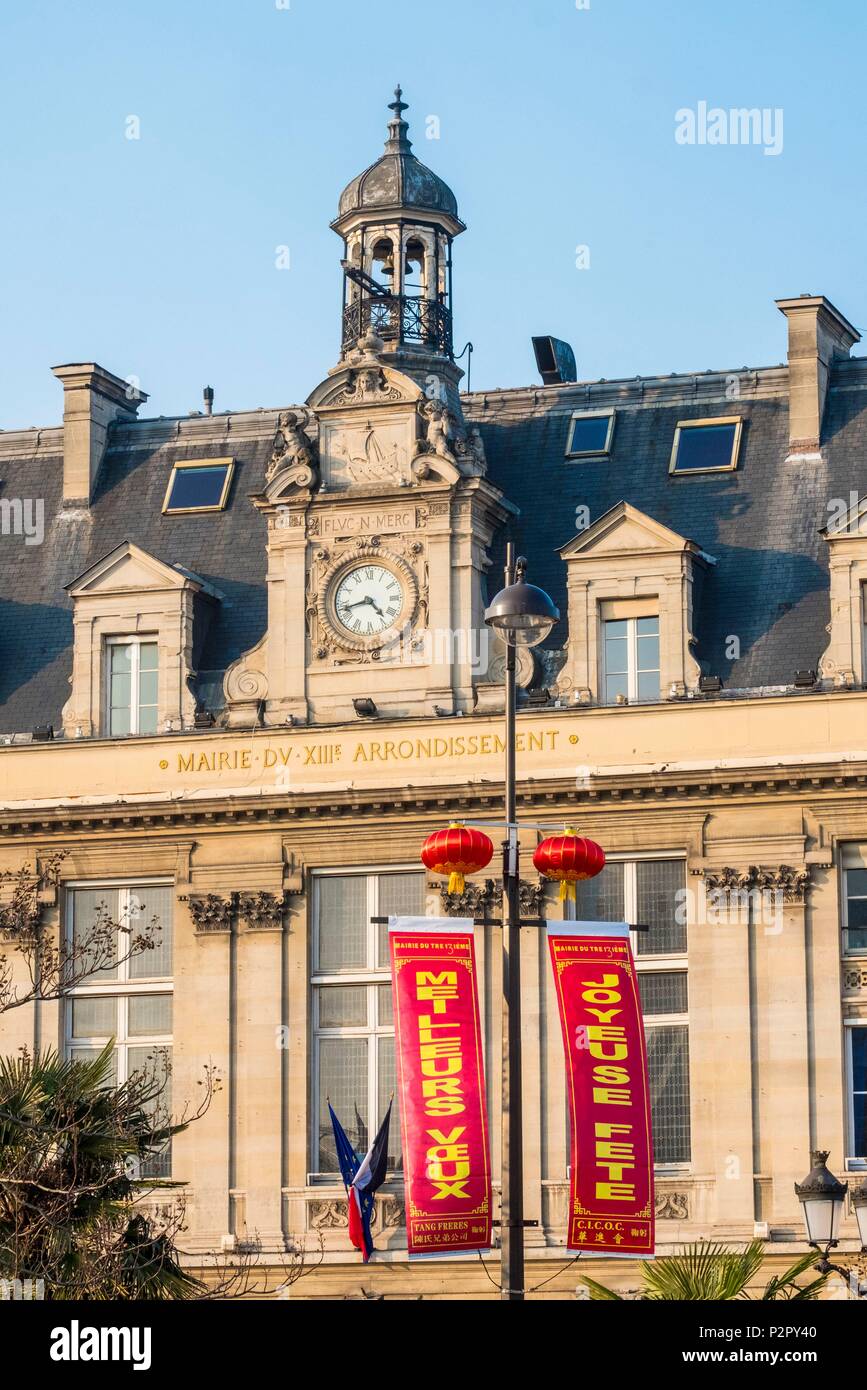 France, Paris, the Chinatown of the 13th arrondissement, Place d'Italie, decoration for the Chinese New Year in front of the Town Hall Stock Photo