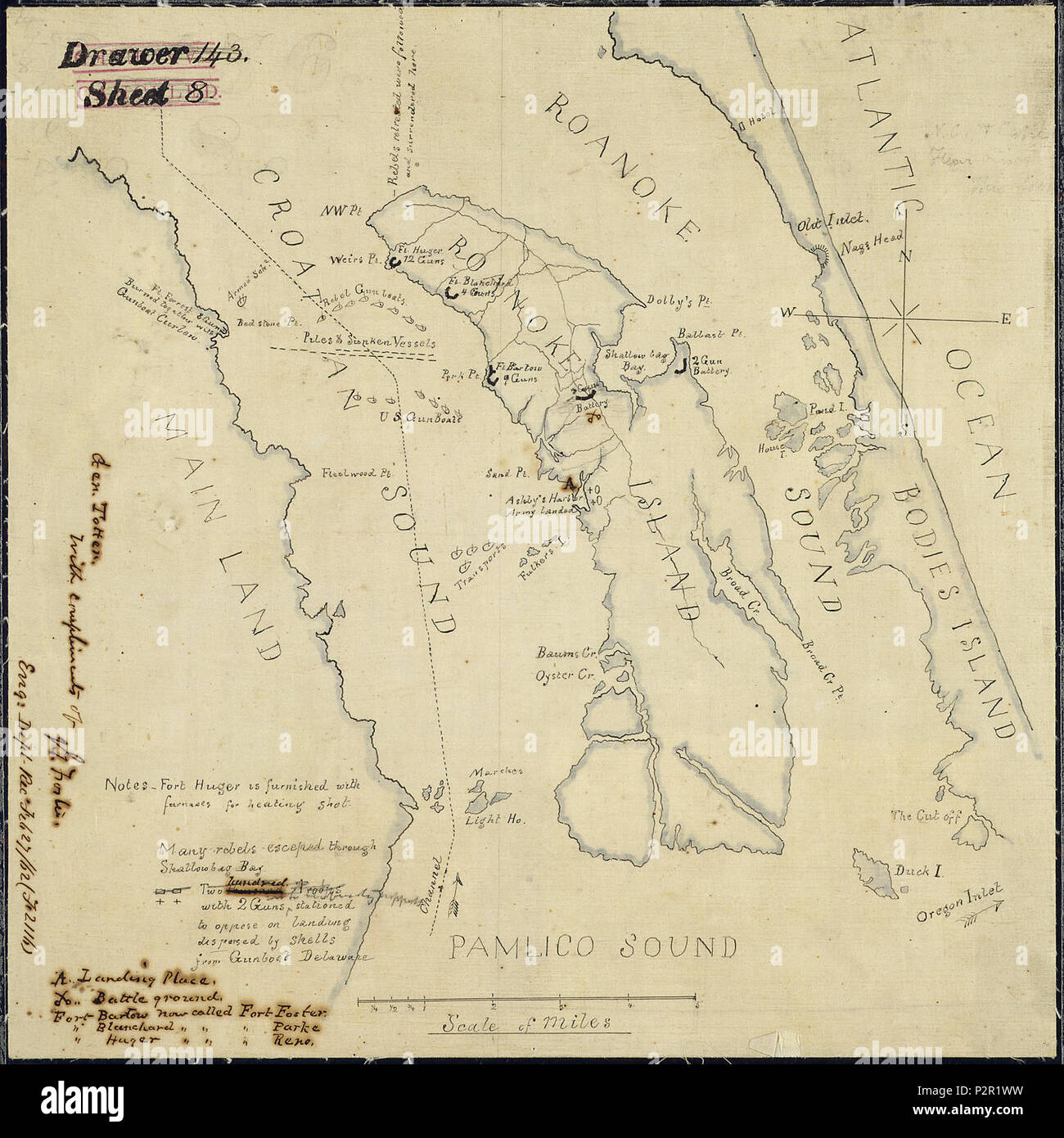 (Sketch of the action at Roanoke Island, N. C., February 8, 1862, showing Confederate defenses, positions of Federal... - Stock Photo