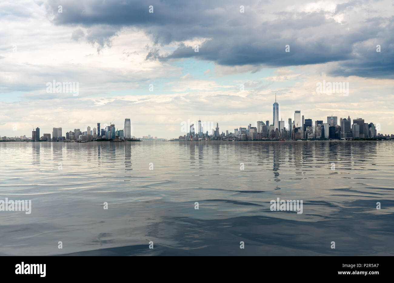 Panorama of Manhattan and Jersey City with artificial water Stock Photo