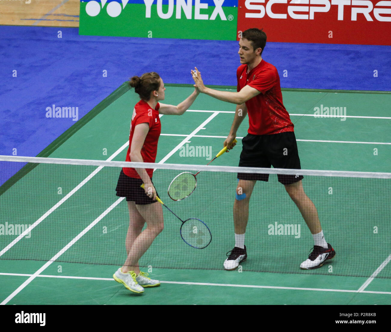 Los Angeles, California, USA. 15th June, 2018. Mark Lamsfuss and Isabel  Herttrich of Germany, compete against Lu kai and Chen Lu of China, during  the mixed doubles quarter final match at the