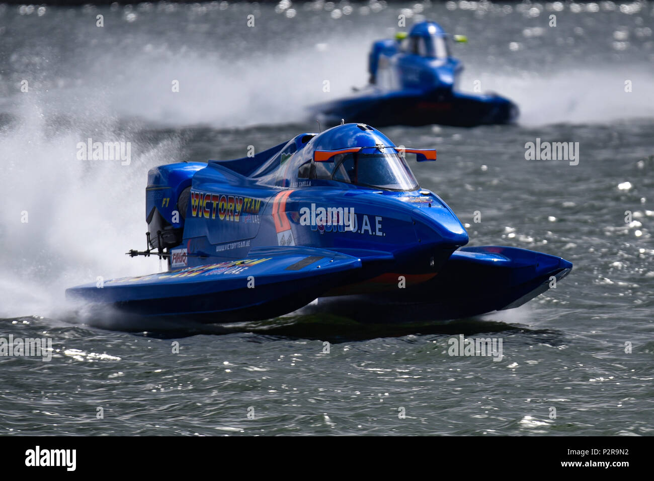 Alex Carella of Victory Team racing in the F1H2O Formula 1 Powerboat Grand Prix of London at Royal Victoria Dock, Docklands, Newham, London, UK Stock Photo