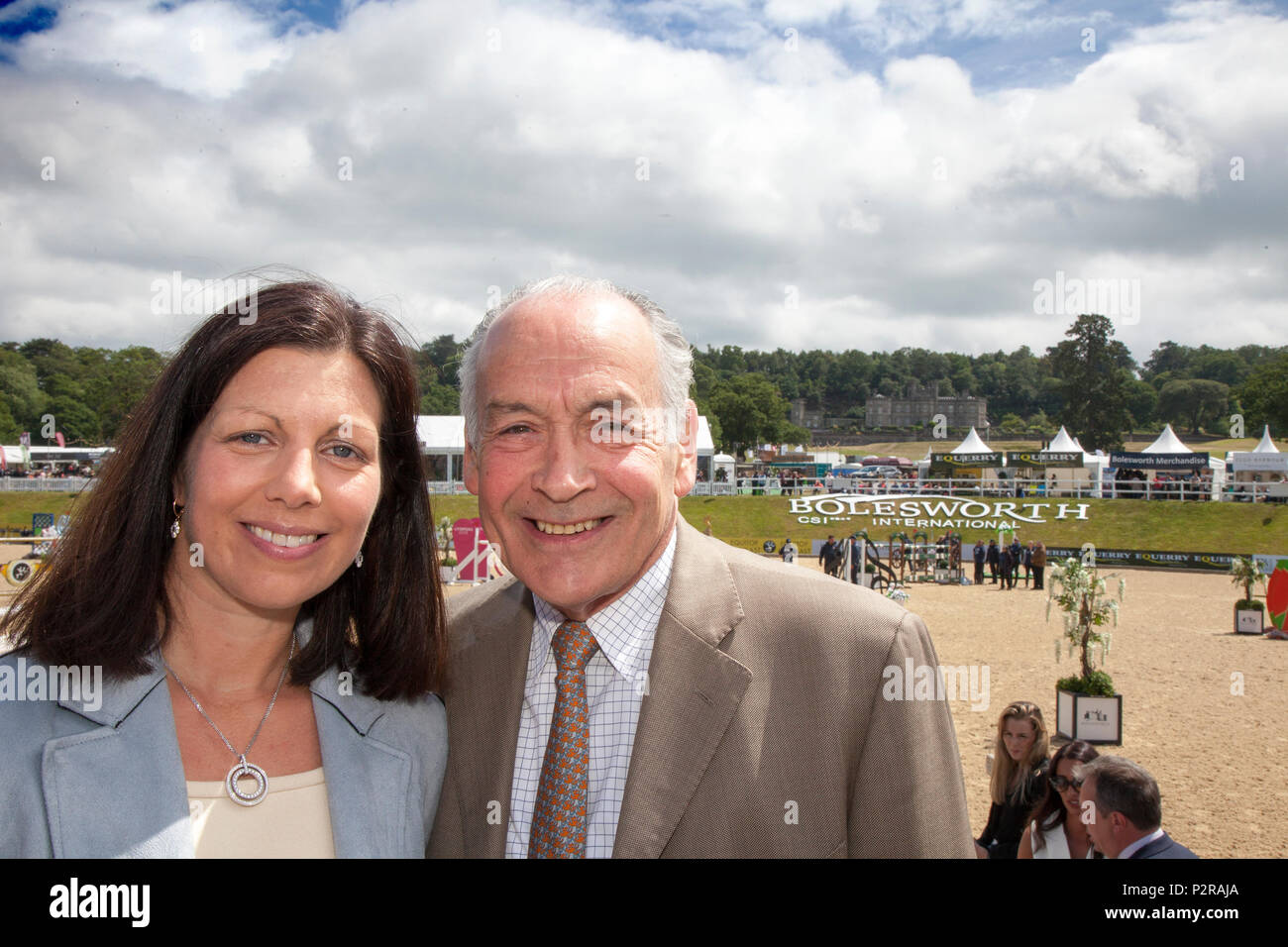 Bolesworth, Cheshire, UK. 16th Jun, 2018. Alastair Stewart OBE is all  smiles with Nina Barbour the Show Director at The Equerry Bolesworth  International Horse Show at Bolesworth Castle in the Cheshire countryside.