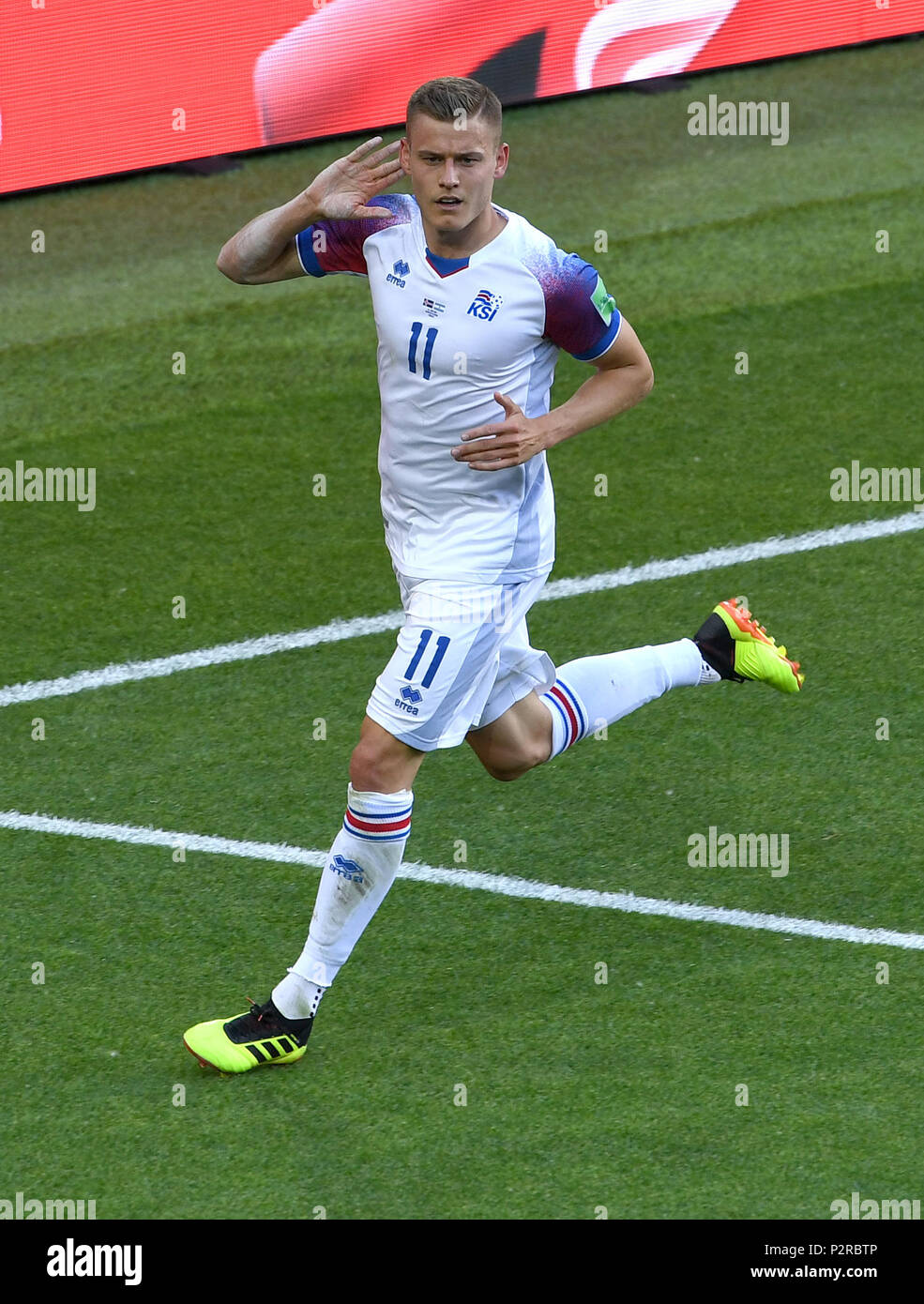 Moscow, Russia. 16th June, 2018. Alfred Finnbogason of Iceland celebrates scoring during a group D match between Argentina and Iceland at the 2018 FIFA World Cup in Moscow, Russia, June 16, 2018. Credit: Wang Yuguo/Xinhua/Alamy Live News Stock Photo
