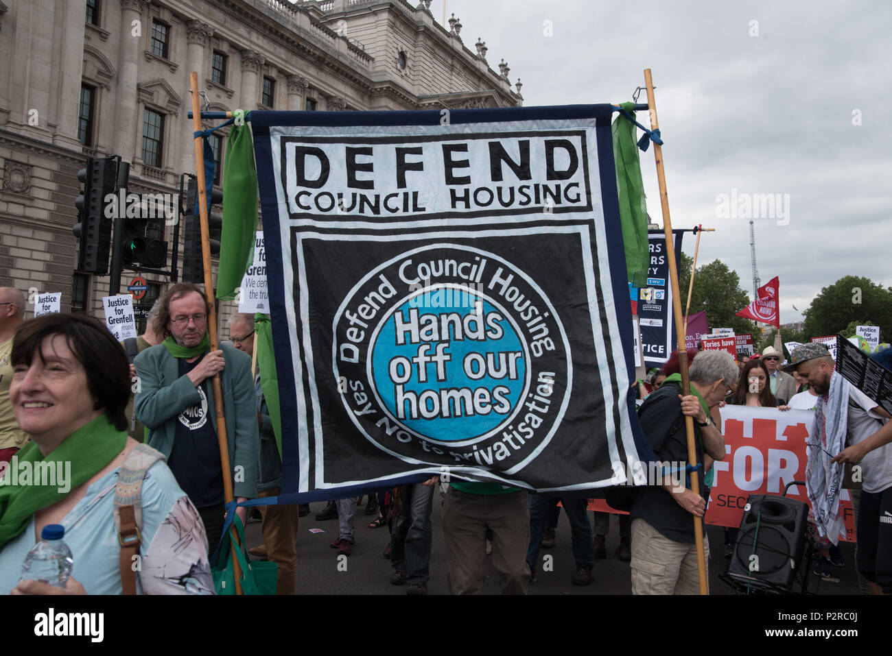 London, UK. 16th Jun, 2018. One year on thousands at Justice for Grenfell Solidarity March demand Justice and all the surviver to be house and criminal should be brought to justice on June 2018 at Whitehell, London, UK. Credit: See Li/Alamy Live News Stock Photo