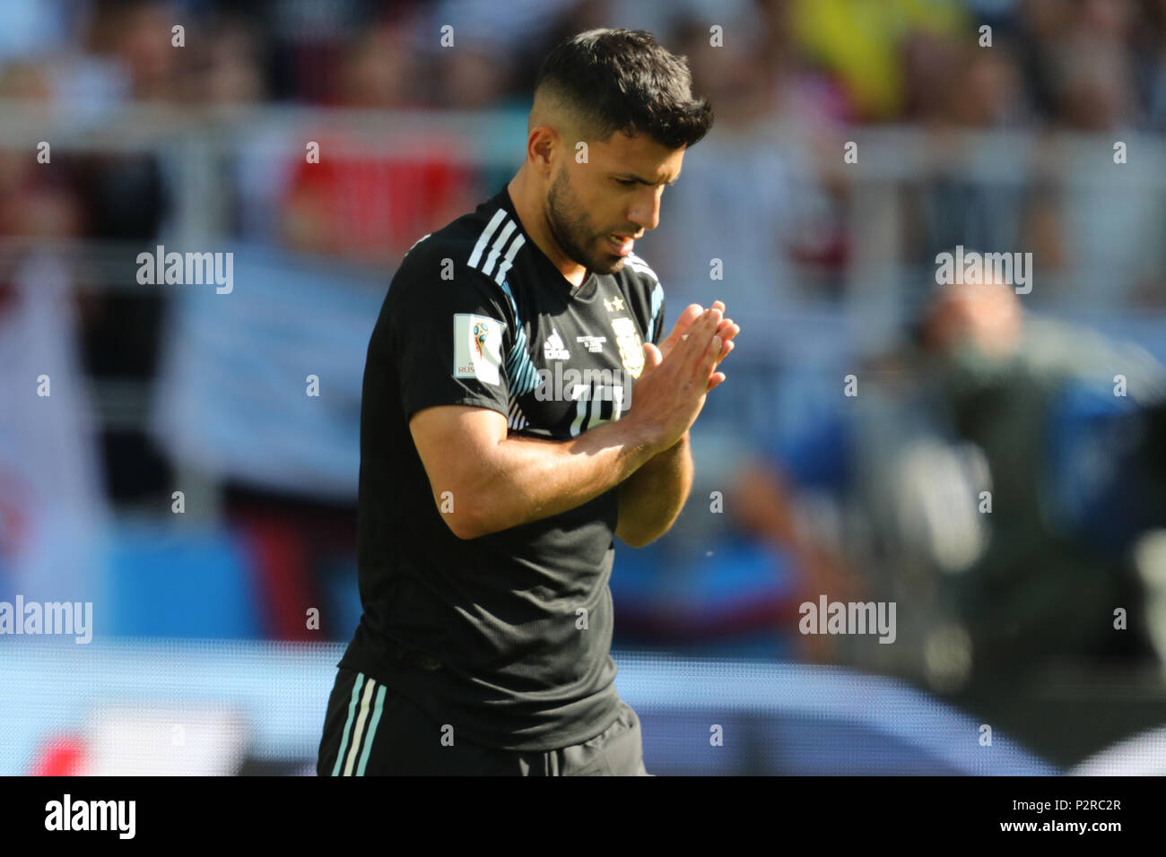 Sergio Aguero ARGENTINA V ICELAND ARGENTINA V ICELAND, 2018 FIFA WORLD CUP RUSSIA 16 June 2018 GBC8111 2018 FIFA World Cup Russia Spartak Stadium Moscow STRICTLY EDITORIAL USE ONLY. If The Player/Players Depicted In This Image Is/Are Playing For An English Club Or The England National Team. Then This Image May Only Be Used For Editorial Purposes. No Commercial Use. The Following Usages Are Also Restricted EVEN IF IN AN EDITORIAL CONTEXT: Use in conjuction with, or part of, any unauthorized audio, video, data, fixture lists, club/league logos, Betting, Games or any 'live' serv Stock Photo