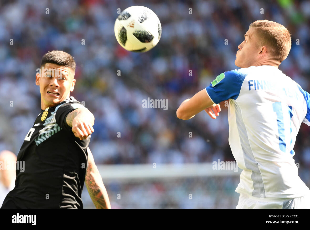 Moscow, Russia. 16th Jun, 2018. Moscow, Russia. 16 June 2018, Russia, Moscow, Soccer, FIFA World Cup 2018, Group D, Matchday 1 of 3, Argentina vs Iceland at the Spartak Stadium: Marcos Rojo from Argentina (L) and Alfred Finnbogason from Iceland fight for the ball. Photo: Federico Gambarini/dpa Credit: dpa picture alliance/Alamy Live News Stock Photo