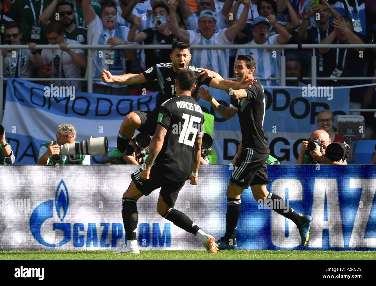Moscow, Russia. 16th Jun, 2018. Moscow, Russia. 16 June 2018, Russia, Moscow, Soccer, FIFA World Cup 2018, Group D, Matchday 1 of 3, Argentina vs Iceland at the Spartak Stadium: Sergio Agüero from Argentina celebrates his goal (1:0) with Marcos Rojo (front) and Angel di Maria. Photo: Federico Gambarini/dpa Credit: dpa picture alliance/Alamy Live News Stock Photo