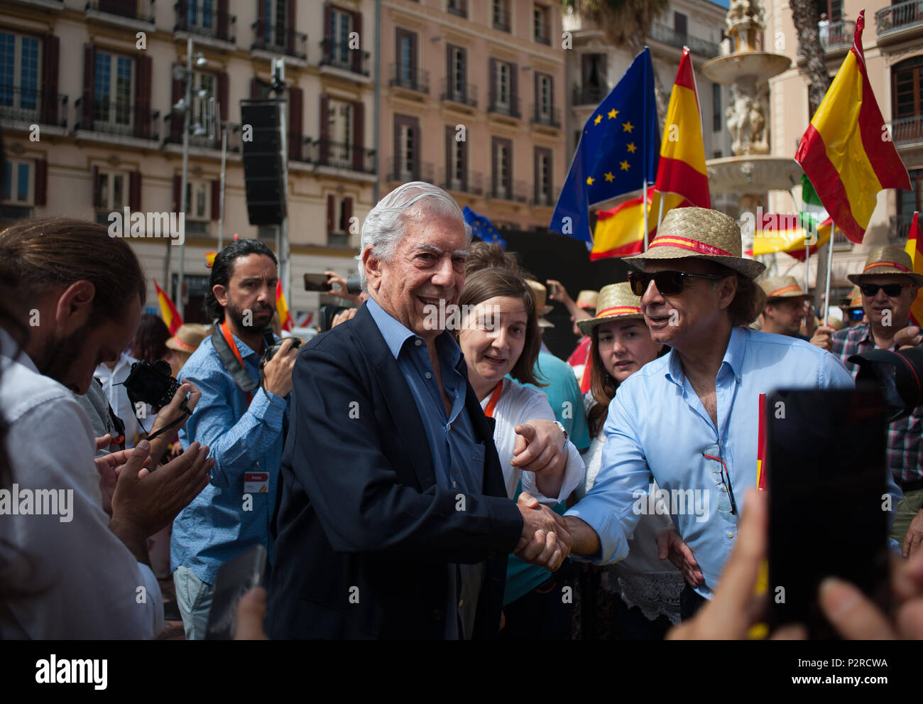 June 16, 2018 - Malaga, Spain - Literature Nobel Prize Mario Vargas Llosa arrives as he participates in an event to present the new platform named 'EspaÃ±a Ciudadana' (citizen Spain) after his official presentation in Madrid. According to Ciudadanos, the platform borned with the purpose to form a new common project with all Spanish and to regain the proud of being spanish. (Credit Image: © Jesus Merida/SOPA Images via ZUMA Wire) Stock Photo