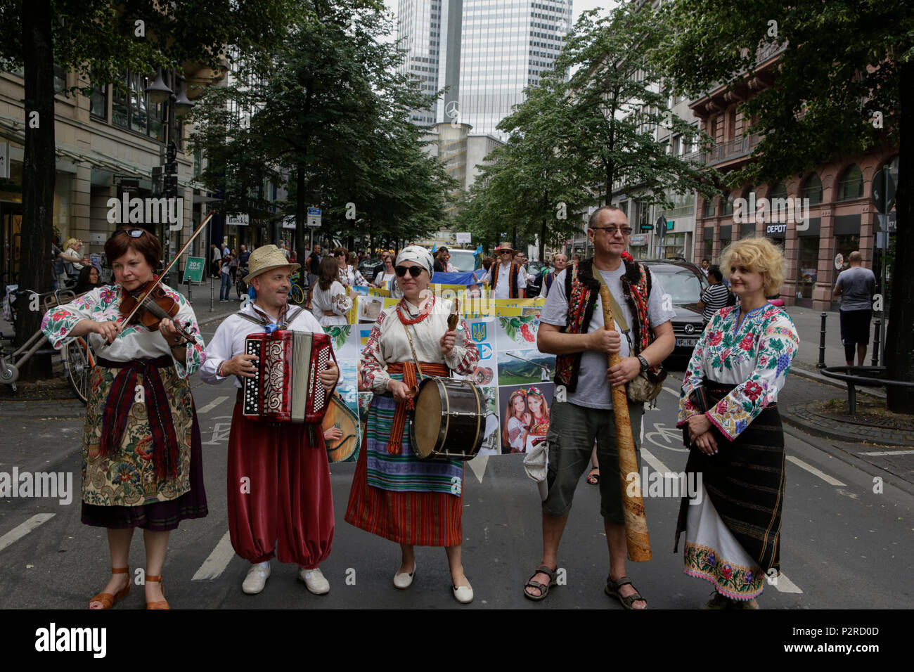 Frankfurt, Germany. 16th June 2018. A group of Ukrainian people play traditional music at the parade. Thousands of people participated and watched the 2018 Parade der Kulturen (Parade of Cultures), organised by the Frankfurter Jugendring (Frankfurt Youth Council). The parade with participants from over 40 different groups of expat and cultural organisations showcased the cultural diversity of Frankfurt. Credit: Michael Debets/Alamy Live News Stock Photo