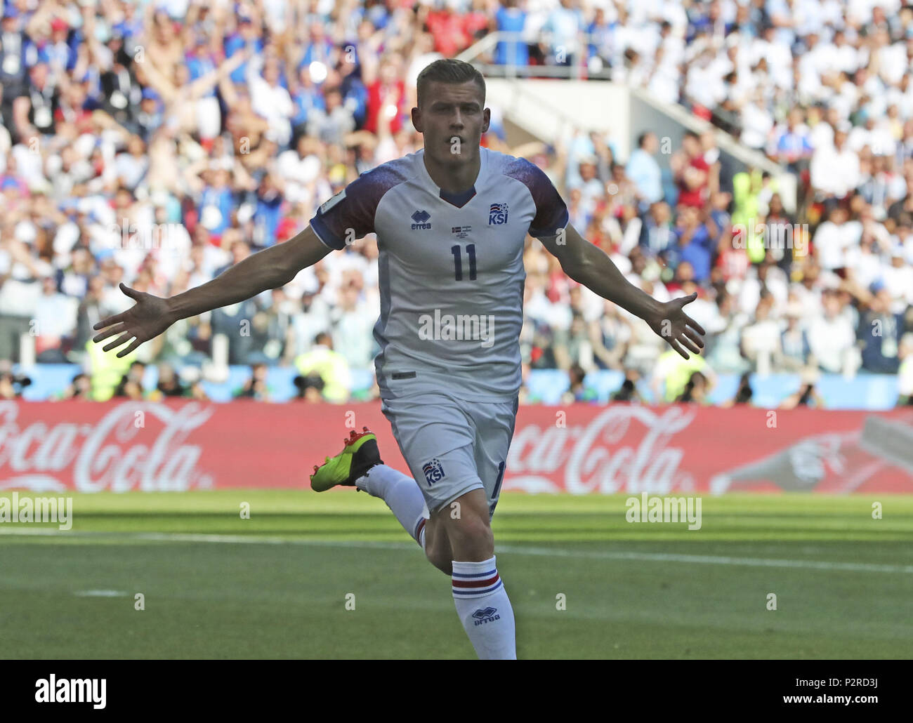 Moscow, Russia. 16th June, 2018. Alfred Finnbogason of Iceland celebrates scoring during a group D match between Argentina and Iceland at the 2018 FIFA World Cup in Moscow, Russia, June 16, 2018. Credit: Cao Can/Xinhua/Alamy Live News Stock Photo