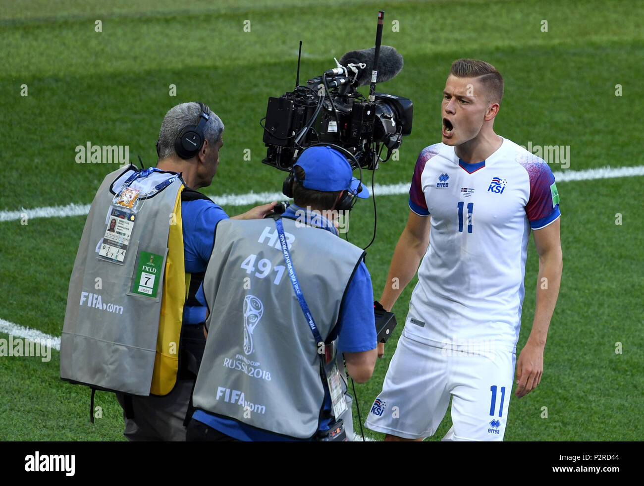 Moscow, Russia. 16th June, 2018. Alfred Finnbogason of Iceland celebrates scoring during a group D match between Argentina and Iceland at the 2018 FIFA World Cup in Moscow, Russia, June 16, 2018. Credit: Wang Yuguo/Xinhua/Alamy Live News Stock Photo