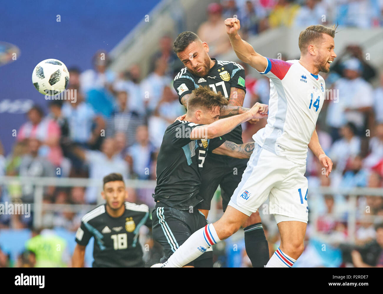 Moscow, Russia. 16th Jun, 2018. Argentina- Iceland, Soccer, Moscow, June 16, 2018 Kari ARNASON, ISL 14  compete for the ball, tackling, duel, header against Nicolas OTAMENDI, Argentina 17 Lucas BIGLIA, Argentina 5   ARGENTINA - ICELAND 1-1 FIFA WORLD CUP 2018 RUSSIA, Season 2018/2019,  June 16, 2018 S p a r t a k Stadium in Moscow, Russia.  © Peter Schatz / Alamy Live News Stock Photo