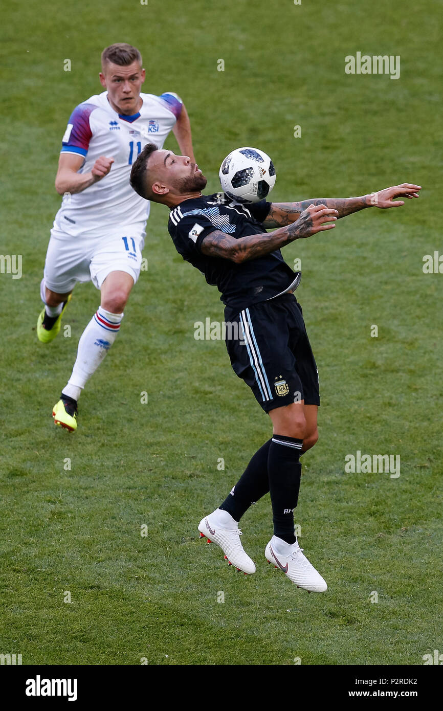 Moscow, Russia. 16th Jun, 2018. Nicolas Otamendi of Argentina and Alfred Finnbogason of Iceland during the 2018 FIFA World Cup Group D match between Argentina and Iceland at Spartak Stadium on June 16th 2018 in Moscow, Russia. (Photo by Daniel Chesterton/phcimages.com) Credit: PHC Images/Alamy Live News Stock Photo