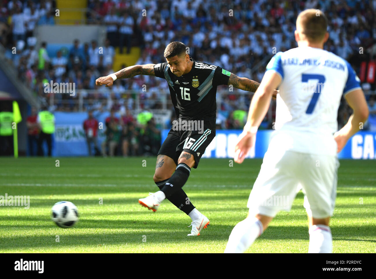 Moscow, Russia. 16th June, 2018. Marcos Rojo of Argentina shoots during a group D match between Argentina and Iceland at the 2018 FIFA World Cup in Moscow, Russia, June 16, 2018. Credit: Du Yu/Xinhua/Alamy Live News Stock Photo
